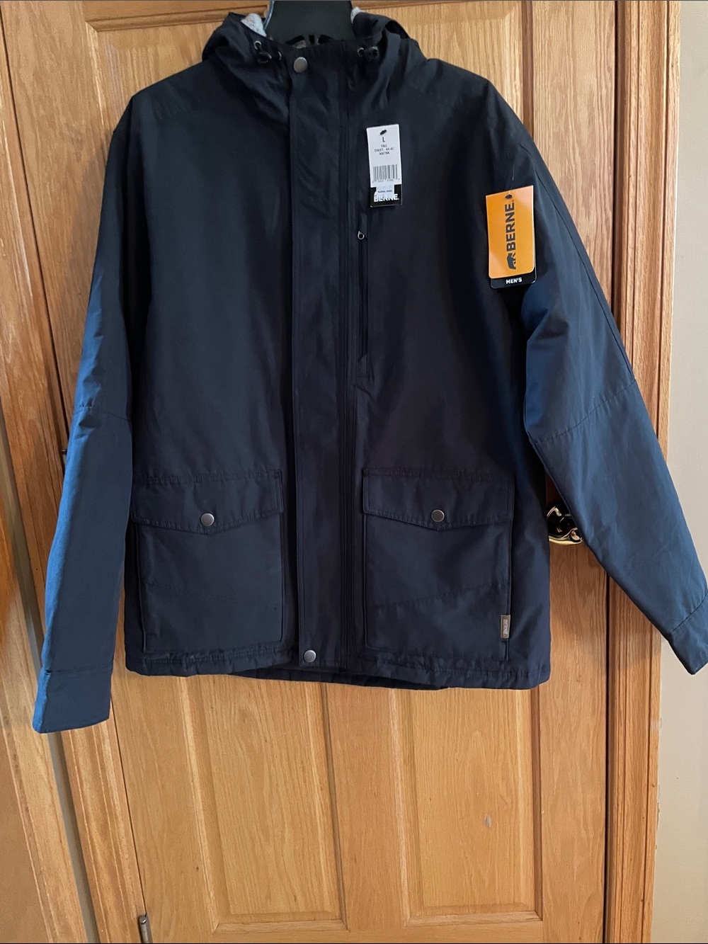 NWT Berne Men’s Black Hooded Lined Warm Work Jacket-Zip/Snap - Size Large Tall